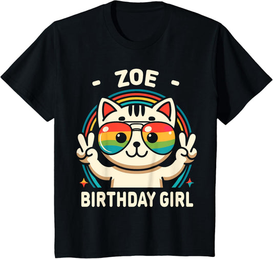 Kids Name Zoe Birthday Girl Cat T-Shirt
