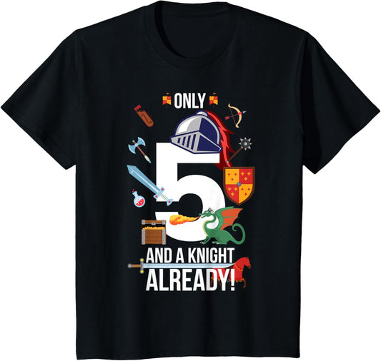 Kids 5th Birthday Boy "Only 5 And A Knight Already" T-Shirt