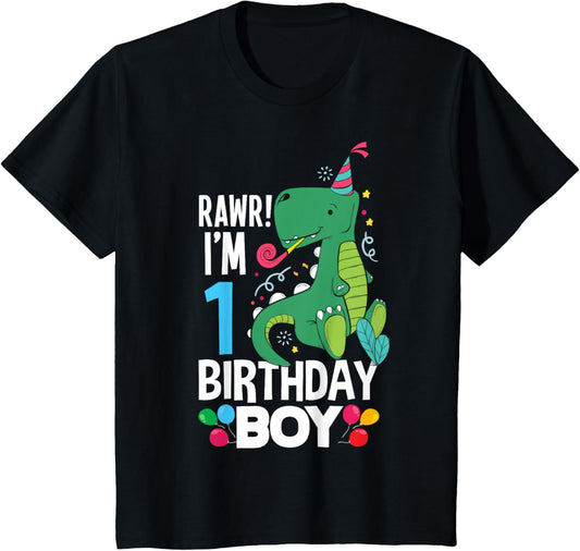 Kids 1st Birthday Boys 1 Year Old Birthday Boy T Rex Dinosaur T-Shirt