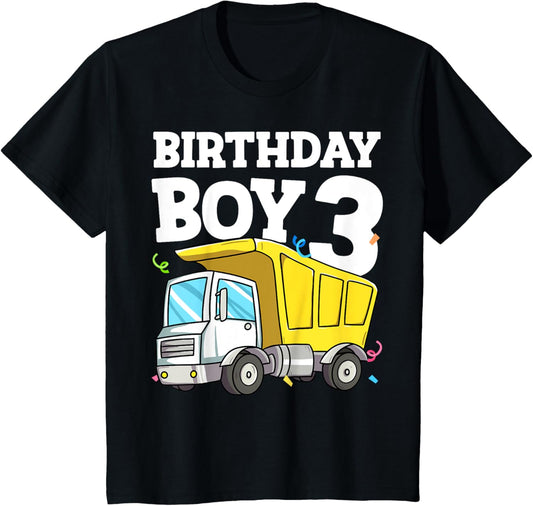 Kids Birthday Boy 3 Three Construction Truck 3rd Birthday Toddler T-Shirt