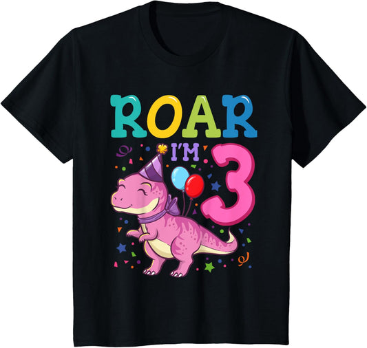Roar Im 3 Year Old Dinosaur Girl 3rd Birthday Party T-Shirt