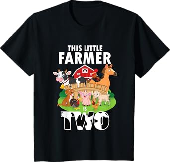 Kids 2 Years Old Boy Farmer 2nd Birthday Farm Animals Kids T-Shirt