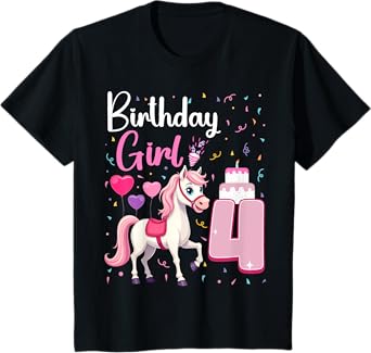 Cute 4 Year Old Girl 4th Birthday Girl Funny Horse Lover T-Shirt