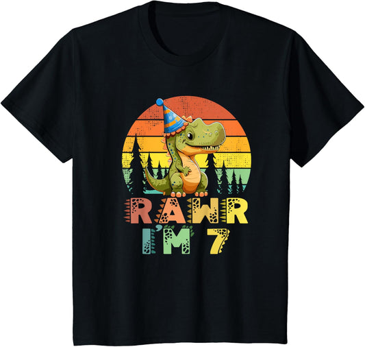 Kids Rawr Im 7 Dinosaur T Rex 7 Year Old Boys 7th Birthday Party T-Shirt