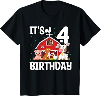 Kids It's My 4th Birthday Farm Animal 4 Years Old Birthday Party T-Shirt