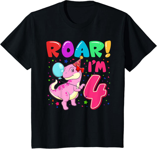 Dinosaur Girl Roar Im 4 Year Old 4th Birthday Party T-Shirt