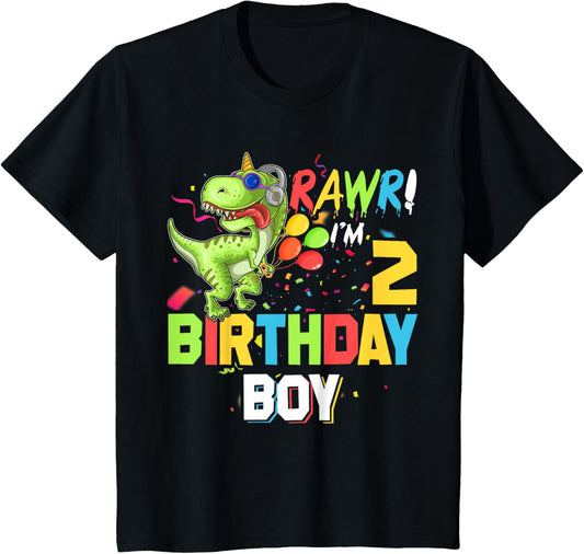 Kids I'm 2 Dinosaur T Rex 2nd Birthday Boy Party Rawr T-Shirt