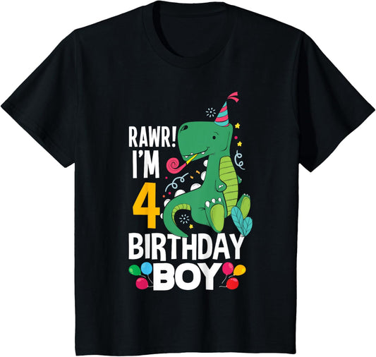 Kids 4th Birthday Boys 4 Year Old Birthday Boy T Rex Dinosaur T-Shirt