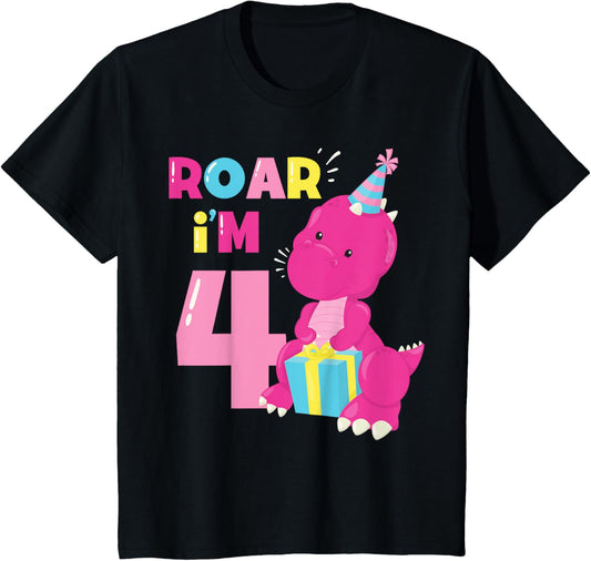 Kids Roar im 4 dinosaur girl 4th birthday party for 4 year old T-Shirt