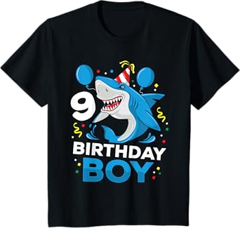 Kids 9th Birthday Boy Shark Ocean Theme Party 9 Years Old For Boy T-Shirt