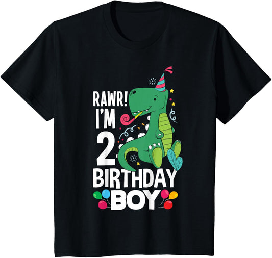 Kids 2nd Birthday Boys 2 Year Old Birthday Boy T Rex Dinosaur T-Shirt