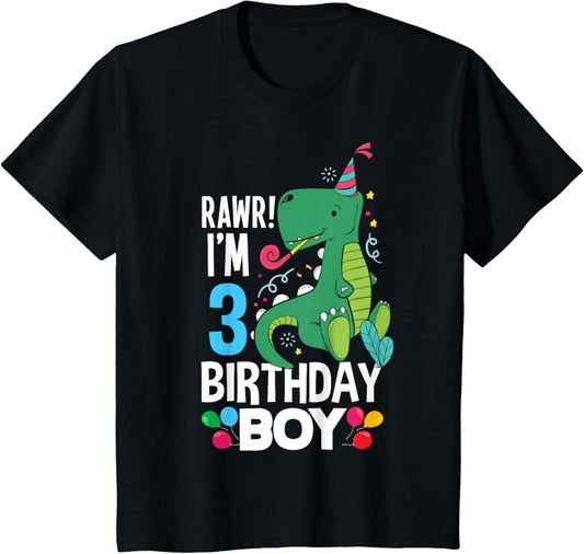 Kids 3rd Birthday Boys 3 Year Old Birthday Boy T Rex Dinosaur T-Shirt
