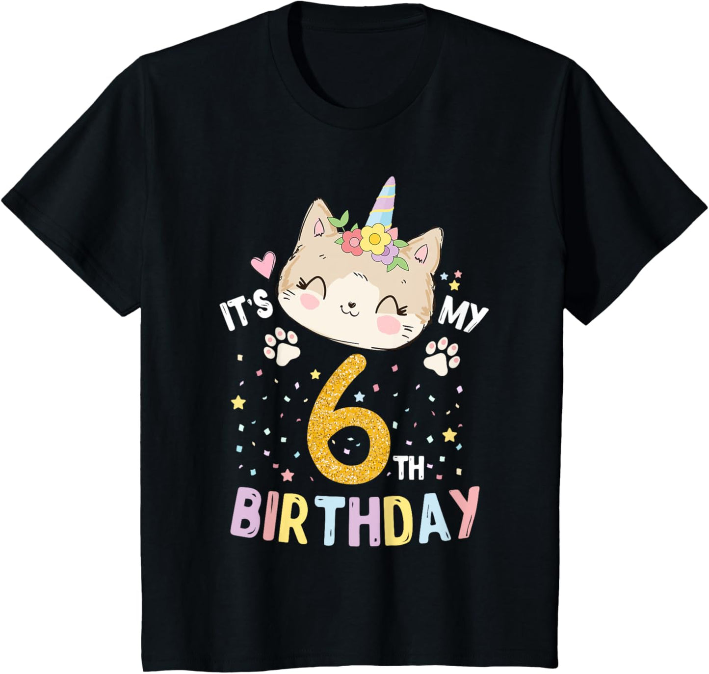 Kids It’s My 6th Birthday Cute Unicorn Cat 6-Year-Old Girl T-Shirt