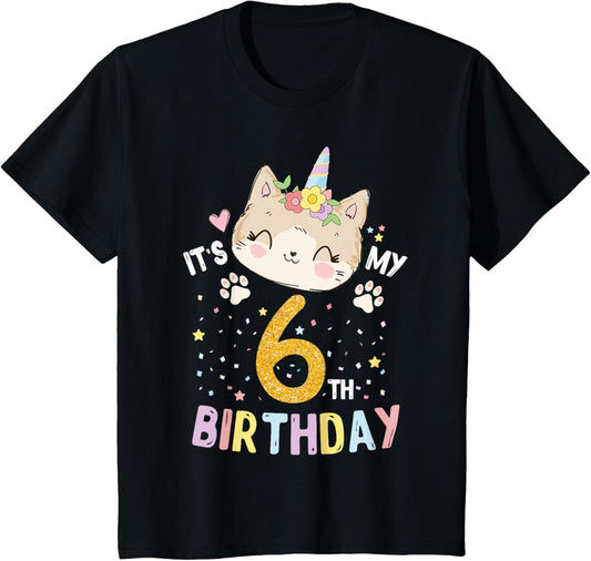 Kids It’s My 6th Birthday Cute Unicorn Cat 6-Year-Old Girl T-Shirt