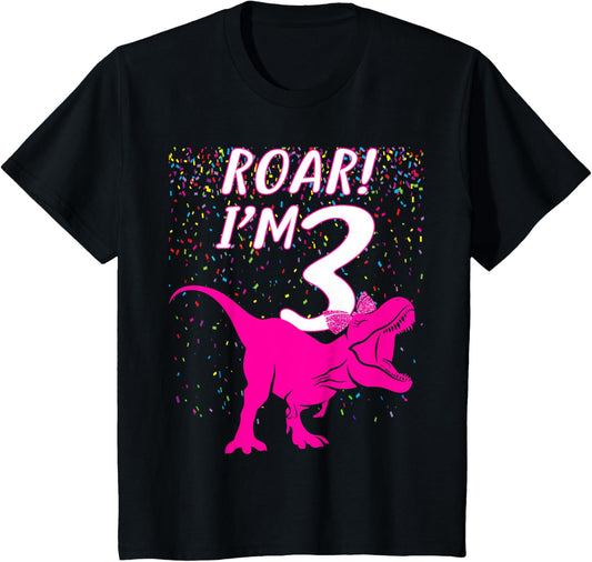 Roar Dinosaur I'm 3 Year Old Birthday Girl Back to School T-Shirt