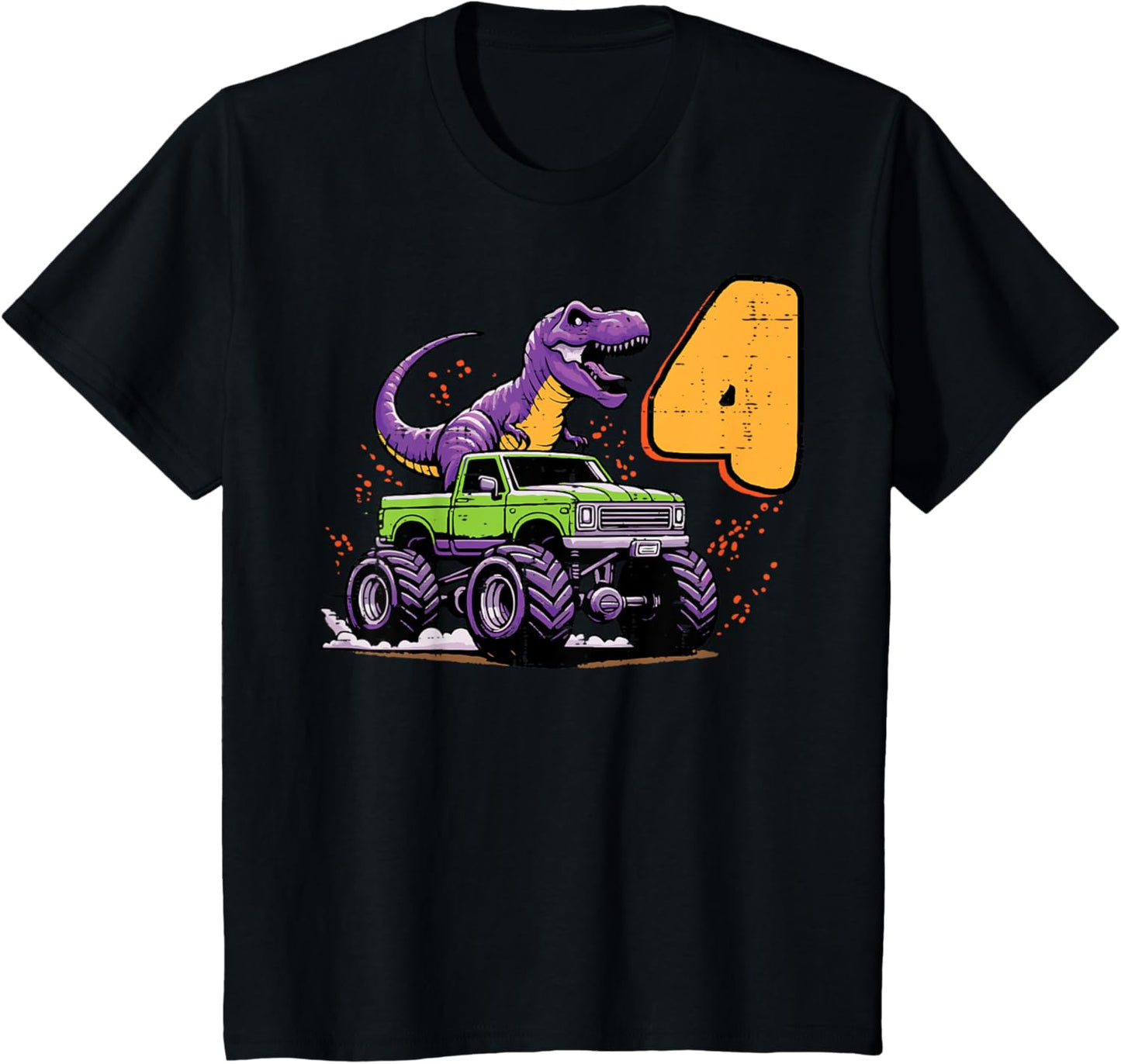 Kids 4th Birthday Dino On Monster Truck 4 Year Old Trex Boys Kids T-Shirt