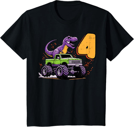 Kids 4th Birthday Dino On Monster Truck 4 Year Old Trex Boys Kids T-Shirt