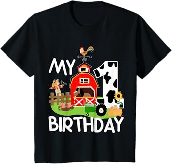 1st Birthday Shirt Farm Tractor Pig Horse Cow Chicken Cat T-Shirt for Kids