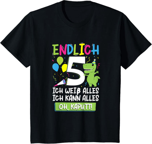Kids 5th Birthday Funny Dinosaur Boys Girls Decoration 5 Years T-Shirt