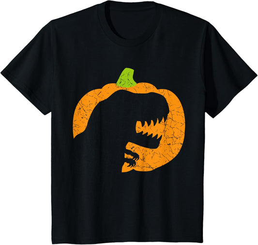 Kids Boys Halloween Pumpkin T-Rex Dinosaur Silhouette T-Shirt
