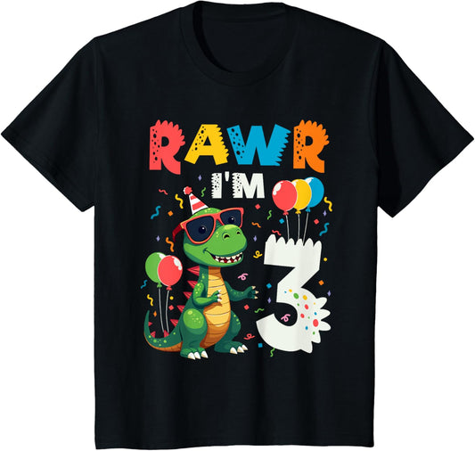 Kids Kids Three Birthday Party Rawr I'm 3 Dinosaur 3 Year Old Boy T-Shirt