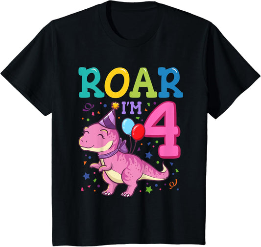 Kids Roar Im 4 Year Old Dinosaur Girl 4th Birthday Party T-Shirt