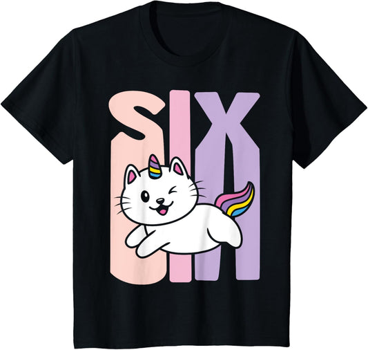 Kids 6 Year Old Cute Caticorn Cat Unicorn Birthday Girl B-day T-Shirt