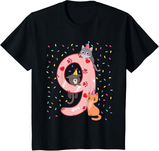 Kids 9th Birthday Girl cute Cat outfit 9 years old bday party T-Shirt