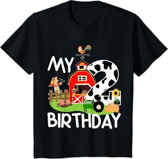2nd Birthday Shirt Farm Tractor Pig Horse Cow Chicken Cat Girls Kids T-Shirt
