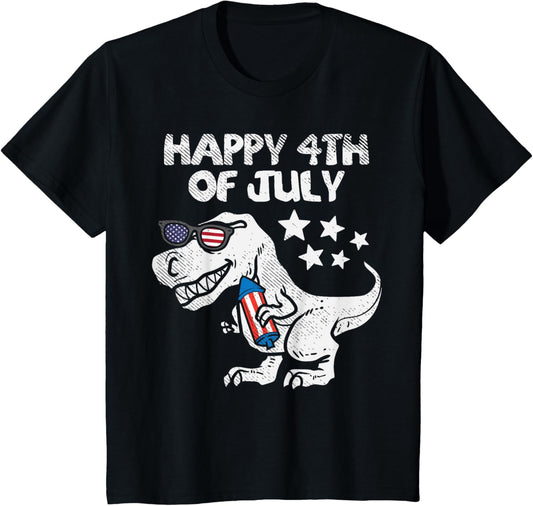 Kids Happy 4th Of July Boys Toddler Trex Dinosaur American Dino T-Shirt