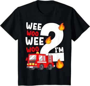 Kids Wee Woo I'm 2 Years Old Red Fire Truck Boys 2nd Birthday T-Shirt