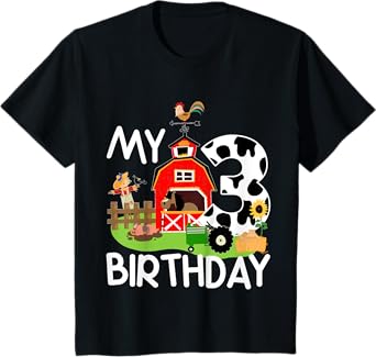 3rd Birthday Shirt Farm Tractor Pig Horse Cow Chicken Cat T-Shirt for Girls Kids