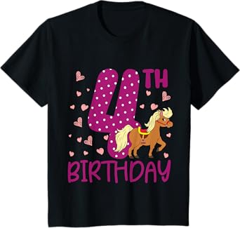 Kids 4 Years Old Girls Pony 4th Birthday T-Shirt