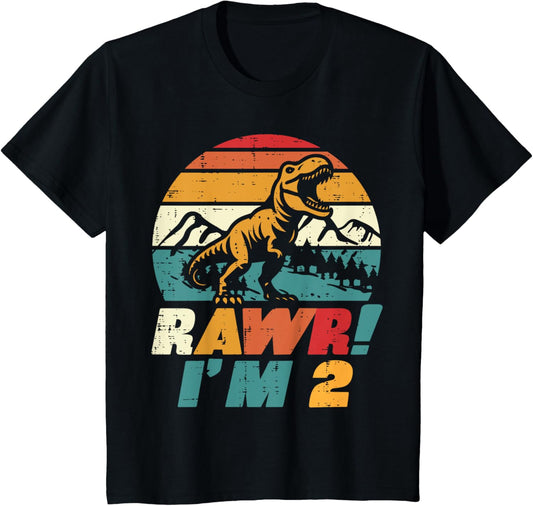 Kids 2nd Birthday Dinosaur Rawr Im 2 Retro Bday Trex Boys Toddler T-Shirt
