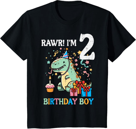 Kids Rawr Im 2 Dinosaur Birthday Boy Cute 2nd Bday Trex Boys Kids T-Shirt