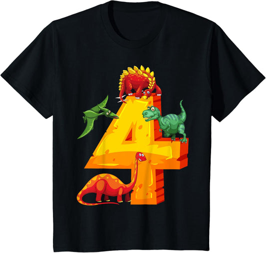 Kids 4th Birthday Boy Dinosaur 4 Year Old T Rex Dino T-Shirt