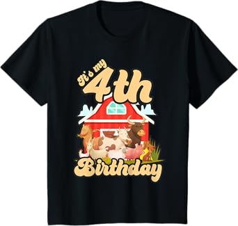 4th Birthday Shirt Farm Animals Cow Horse Pig 4 Years Old T-Shirt