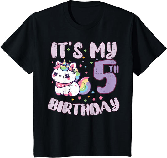 Kids Its My 5th Birthday Unicorn Cat 5 Year Old Bday Girls Kids T-Shirt