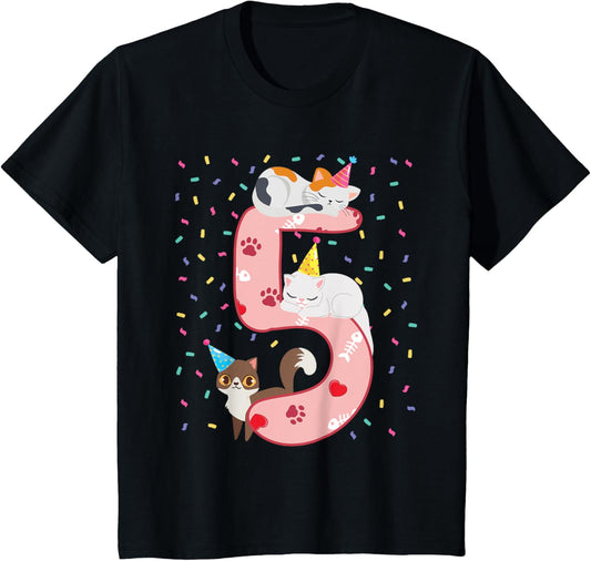 Kids 5th Birthday Girl cute Cat outfit 5 years old bday party T-Shirt