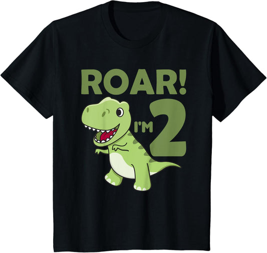 Kids Children's 2nd Birthday T-Rex 2 Years Old Boy Dinosaur Dino T-Shirt
