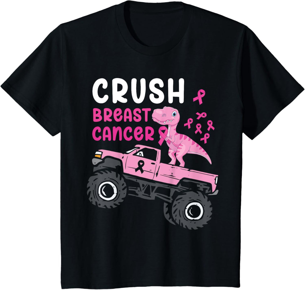 Kids Monster Truck Dinosaur Crush Breast Cancer Awareness Kids T-Shirt