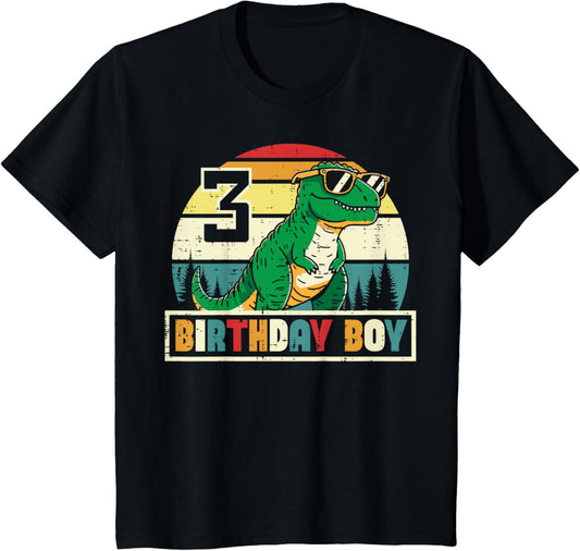 Kids 3 Birthday Boy Dino Trex Retro 3rd Bday Three Year Boys Kids T-Shirt