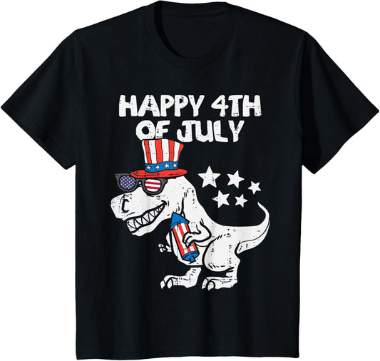 Kids Happy 4th Of July T-Rex Dino Dinosaur Baby Toddler Boys Kids T-Shirt