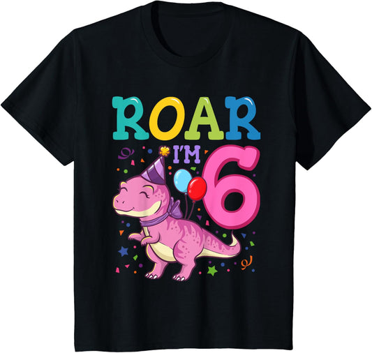 Roar Im 6 Year Old Dinosaur Girl 6th Birthday Party T-Shirt