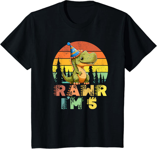 Kids Rawr Im 5 Dinosaur T Rex 5 Year Old Boys 5th Birthday Party T-Shirt