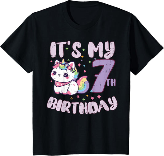 Kids Its My 7th Birthday Unicorn Cat 7 Year Old Bday Girls Kids T-Shirt