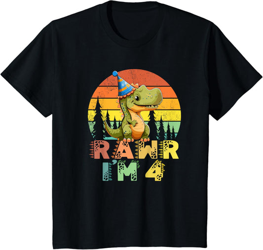 Kids Rawr Im 4 Dinosaur T Rex 4 Year Old Boys 4th Birthday Party T-Shirt