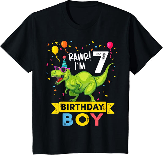 Kids 7 Year Old Boy T Rex Dinosaur 7th Birthday T-Shirt
