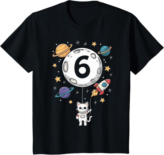 Kids 6 Year Old Birthday Cat Astronaut 6th Birthday T-Shirt