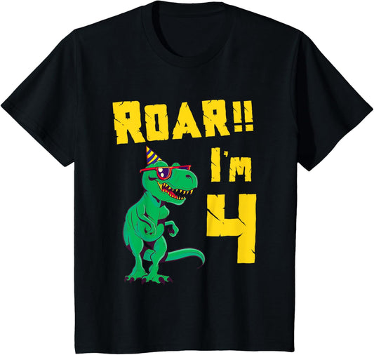 Kids Cute 4th Birthday Dinosaur Boy's Roar I'm 4 T Rex T-Shirt